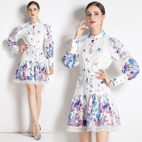 Designer Autumn Hollow Out Lace Patchwork, Mock Neck, Long Sleeve, Belted, Floral Print Office, Party Fab Women Dress
